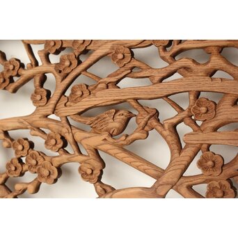 欅彫 花札梅に鶯 寺院木彫欄間 2枚1組　R0307Y 