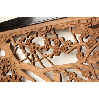 欅彫 花札梅に鶯 寺院木彫欄間 2枚1組　R0307Y 