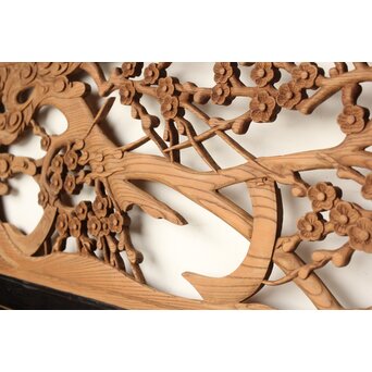 欅彫 花札梅に鶯 寺院木彫欄間 2枚1組　R0307Y 