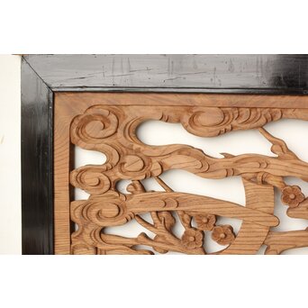 欅彫 花札梅に鶯 寺院木彫欄間 2枚1組　R0307Y 