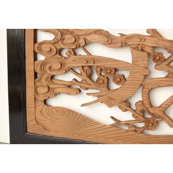 欅彫 花札梅に鶯 寺院木彫欄間 2枚1組　R0307Y 