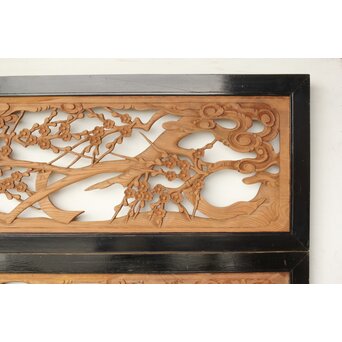 欅彫 花札梅に鶯 寺院木彫欄間 2枚1組　R0307Y 