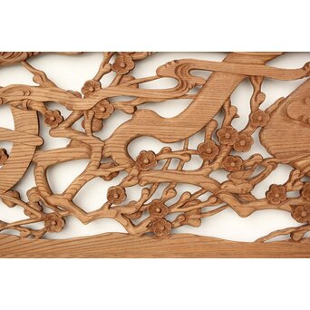 欅彫 花札梅に鶯 寺院木彫欄間 2枚1組　R0307Y 