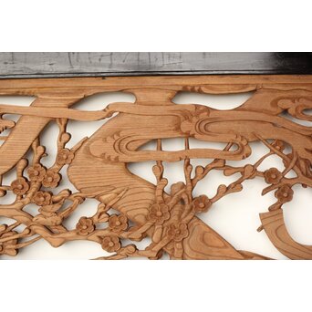 欅彫 花札梅に鶯 寺院木彫欄間 2枚1組　R0307Y 