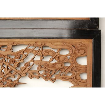 欅彫 花札梅に鶯 寺院木彫欄間 2枚1組　R0307Y 