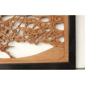 欅彫 花札梅に鶯 寺院木彫欄間 2枚1組　R0307Y 