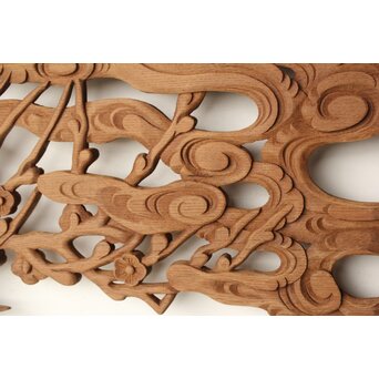 欅彫 花札梅に鶯 寺院木彫欄間 2枚1組　R0307Y 