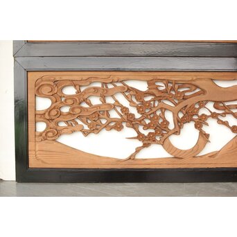 欅彫 花札梅に鶯 寺院木彫欄間 2枚1組　R0307Y 