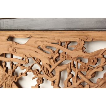 欅彫 花札梅に鶯 寺院木彫欄間 2枚1組　R0307Y 