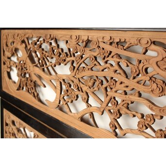 欅彫 花札梅に鶯 寺院木彫欄間 2枚1組　R0307Y 