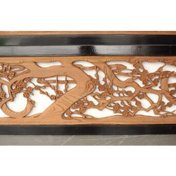 欅彫 花札梅に鶯 寺院木彫欄間 2枚1組　R0307Y 