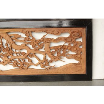 欅彫 花札梅に鶯 寺院木彫欄間 2枚1組　R0307Y 