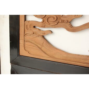 欅彫 花札梅に鶯 寺院木彫欄間 2枚1組　R0307Y 