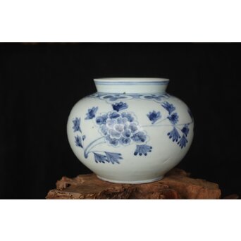 李朝中期 官窯廣州窯 分院里手 染付牡丹文壷【壺中居】解説書/貼紙　P352 