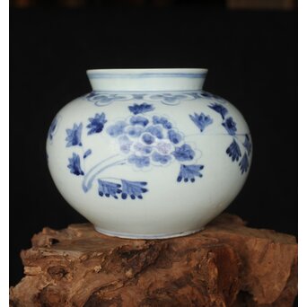 李朝中期 官窯廣州窯 分院里手 染付牡丹文壷【壺中居】解説書/貼紙　P352 