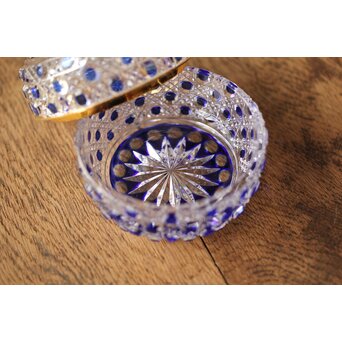 江戸切子 堀口硝子 須田秀石 瑠璃被 籠目紋 蓋物/棗 共箱　Y044 