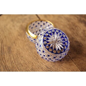 江戸切子 堀口硝子 須田秀石 瑠璃被 籠目紋 蓋物/棗 共箱　Y044 