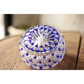 江戸切子 堀口硝子 須田秀石 瑠璃被 籠目紋 蓋物/棗 共箱　Y044 