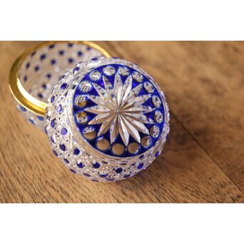 江戸切子 堀口硝子 須田秀石 瑠璃被 籠目紋 蓋物/棗 共箱　Y044 