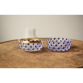 江戸切子 堀口硝子 須田秀石 瑠璃被 籠目紋 蓋物/棗 共箱　Y044 