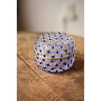 江戸切子 堀口硝子 須田秀石 瑠璃被 籠目紋 蓋物/棗 共箱　Y044 