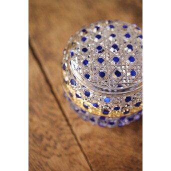 江戸切子 堀口硝子 須田秀石 瑠璃被 籠目紋 蓋物/棗 共箱　Y044 