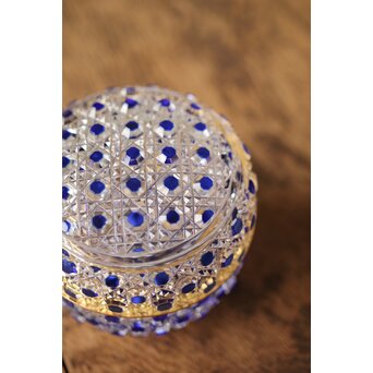 江戸切子 堀口硝子 須田秀石 瑠璃被 籠目紋 蓋物/棗 共箱　Y044 