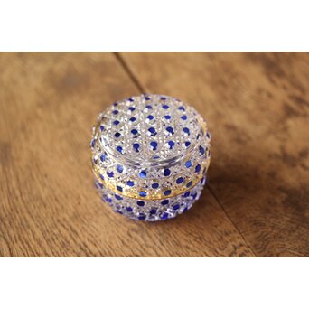 江戸切子 堀口硝子 須田秀石 瑠璃被 籠目紋 蓋物/棗 共箱　Y044 