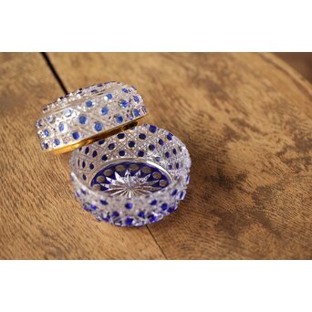 江戸切子 堀口硝子 須田秀石 瑠璃被 籠目紋 蓋物/棗 共箱　Y044 