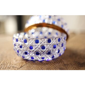 江戸切子 堀口硝子 須田秀石 瑠璃被 籠目紋 蓋物/棗 共箱　Y044 