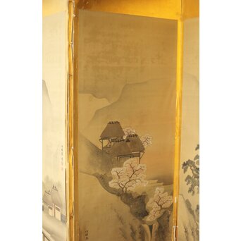 東東洋 屏風 六曲一双 絹本肉筆 法眼東洋 金地 日本画　Z421 