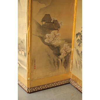 東東洋 屏風 六曲一双 絹本肉筆 法眼東洋 金地 日本画　Z421 