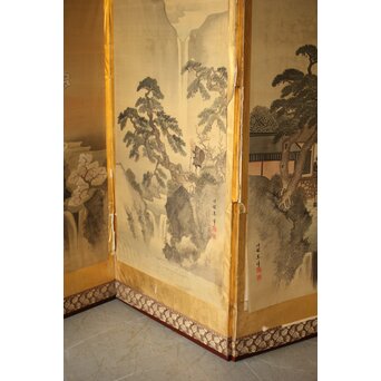 東東洋 屏風 六曲一双 絹本肉筆 法眼東洋 金地 日本画　Z421 