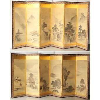 東東洋 屏風 六曲一双 絹本肉筆 法眼東洋 金地 日本画　Z421