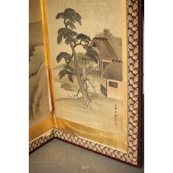 東東洋 屏風 六曲一双 絹本肉筆 法眼東洋 金地 日本画　Z421 