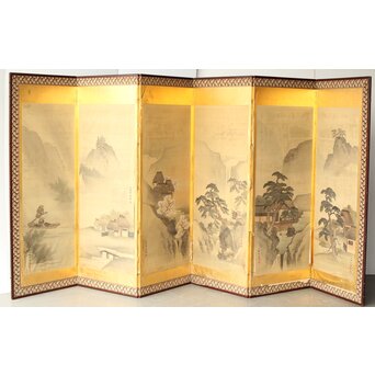 東東洋 屏風 六曲一双 絹本肉筆 法眼東洋 金地 日本画　Z421 