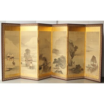 東東洋 屏風 六曲一双 絹本肉筆 法眼東洋 金地 日本画　Z421 