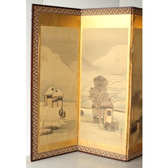 東東洋 屏風 六曲一双 絹本肉筆 法眼東洋 金地 日本画　Z421 