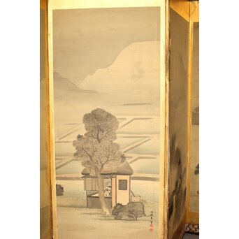 東東洋 屏風 六曲一双 絹本肉筆 法眼東洋 金地 日本画　Z421 