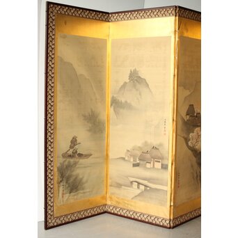 東東洋 屏風 六曲一双 絹本肉筆 法眼東洋 金地 日本画　Z421 