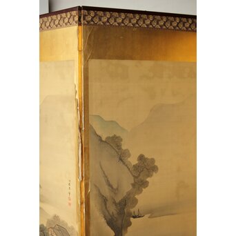 東東洋 屏風 六曲一双 絹本肉筆 法眼東洋 金地 日本画　Z421 