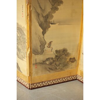 東東洋 屏風 六曲一双 絹本肉筆 法眼東洋 金地 日本画　Z421 