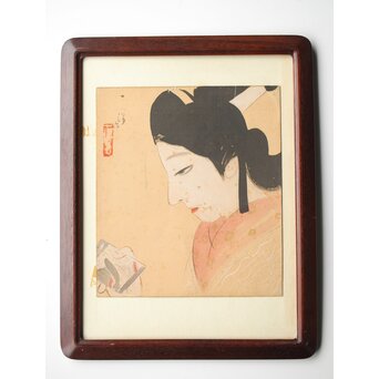 倣 松本一洋 梥本【美人画】絹本色紙額装　Z422