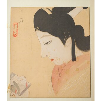 倣 松本一洋 梥本【美人画】絹本色紙額装　Z422 