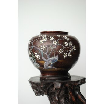 安藤七宝 東京復興記念 永田青嵐俳句 桜紋花瓶　M365 