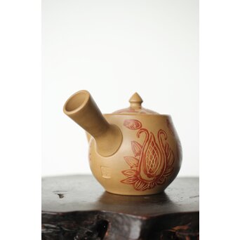 常滑 清水石仙 白泥急須 鳳凰図彫　P360 