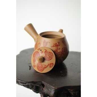 常滑 清水石仙 白泥急須 鳳凰図彫　P360 