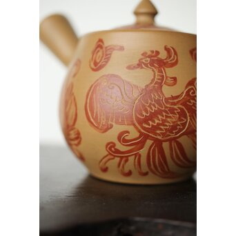 常滑 清水石仙 白泥急須 鳳凰図彫　P360 