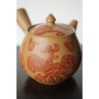 常滑 清水石仙 白泥急須 鳳凰図彫　P360 