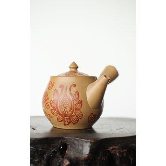 常滑 清水石仙 白泥急須 鳳凰図彫　P360 